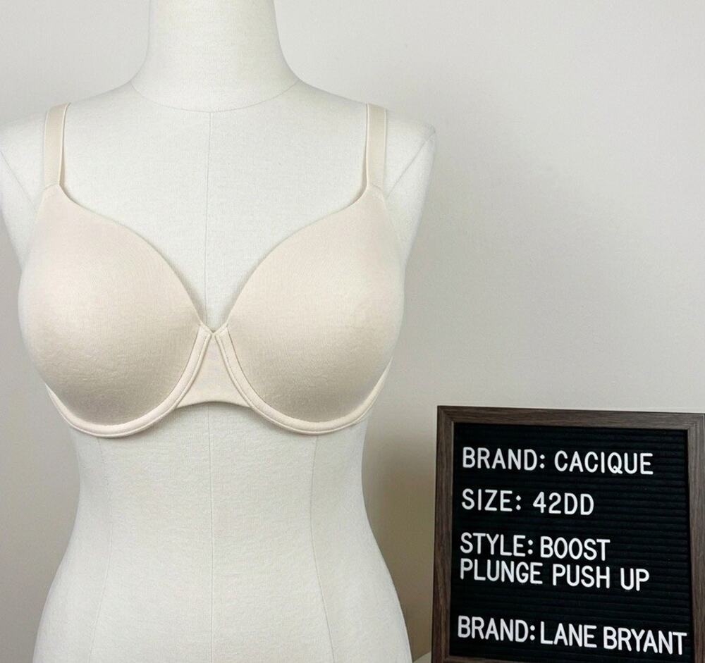Cacique Bra Beige Cotton Bra 42DD Boost Plunge Push Up Lane Bryant Underwire